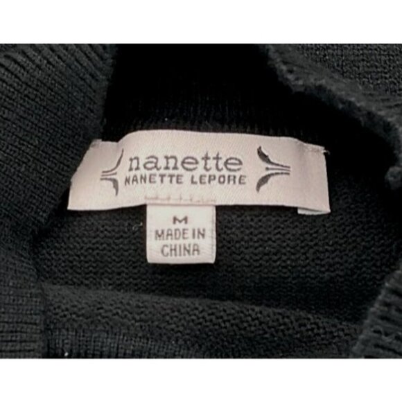 Nanette Lepore Black Sweater Ribbed Neck Cuffs Hem Pleated Lace Long Sleeves M - Picture 5 of 7